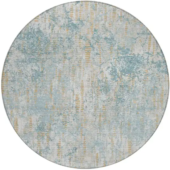 8' Teal Blue And Linen Round Abstract Washable Indoor Outdoor Area Rug Photo 2
