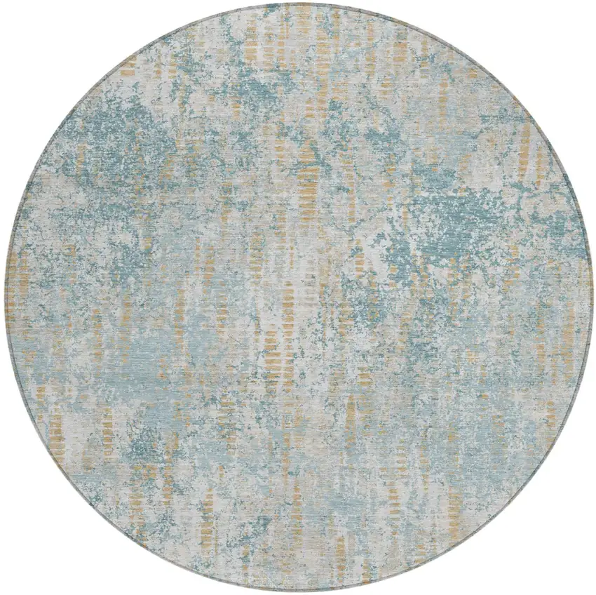 8' Teal Blue And Linen Round Abstract Washable Indoor Outdoor Area Rug Photo 2