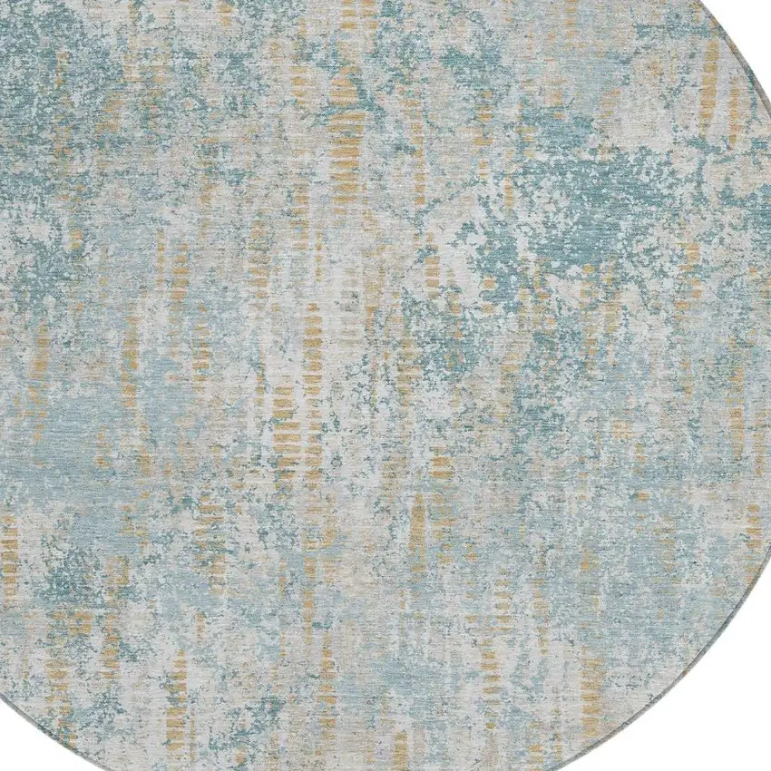 8' Teal Blue And Linen Round Abstract Washable Indoor Outdoor Area Rug Photo 3