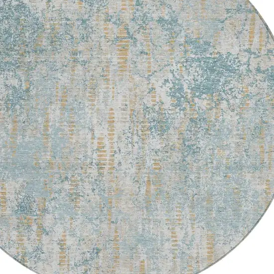 8' Teal Blue And Linen Round Abstract Washable Indoor Outdoor Area Rug Photo 3