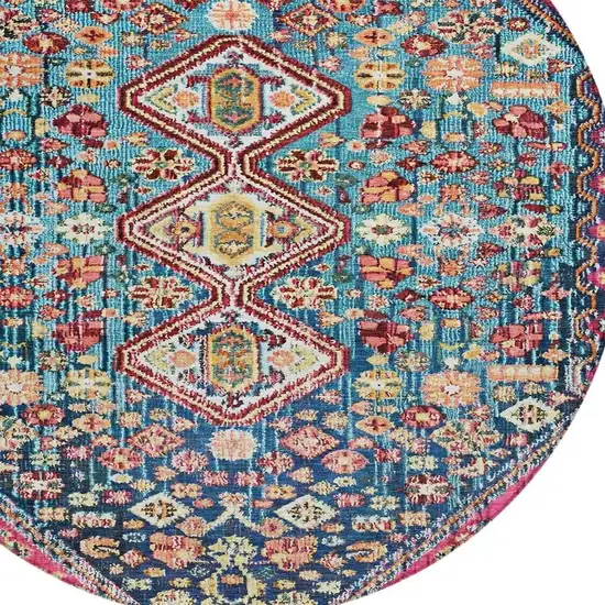 8' Teal Blue And Merlot Round Aztec Washable Indoor Outdoor Area Rug Photo 4