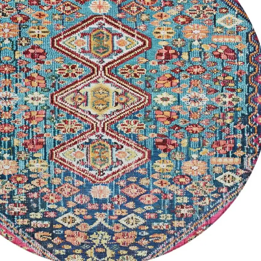 8' Teal Blue And Merlot Round Aztec Washable Indoor Outdoor Area Rug Photo 4