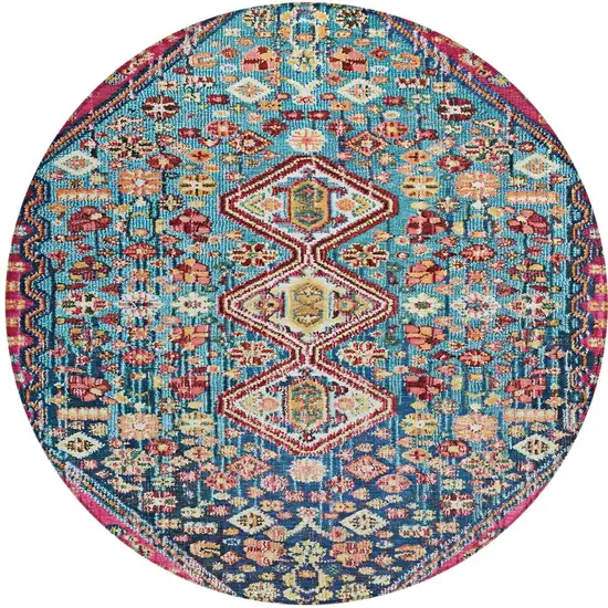 8' Teal Blue And Merlot Round Aztec Washable Indoor Outdoor Area Rug Photo 3