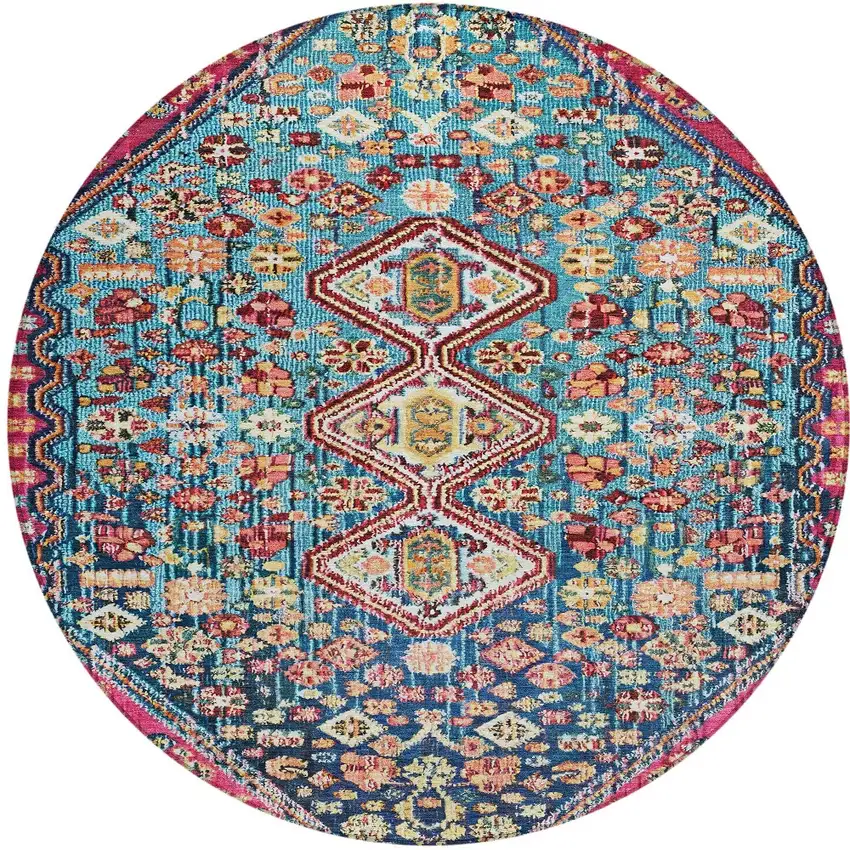 8' Teal Blue And Merlot Round Aztec Washable Indoor Outdoor Area Rug Photo 3