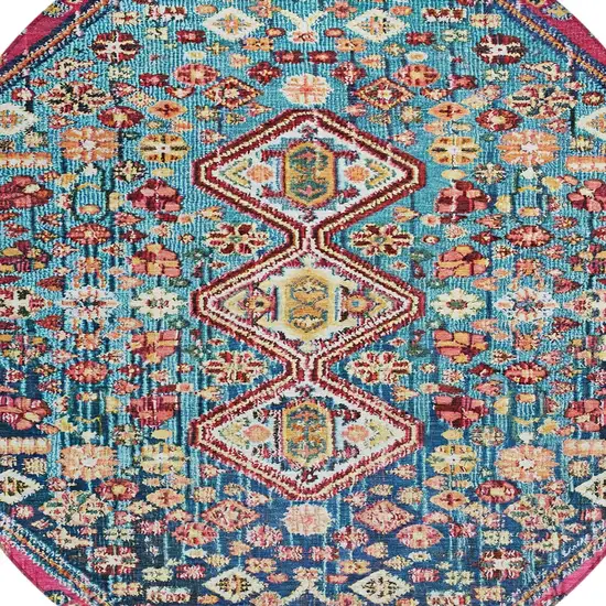 8' Teal Blue And Merlot Round Aztec Washable Indoor Outdoor Area Rug Photo 8