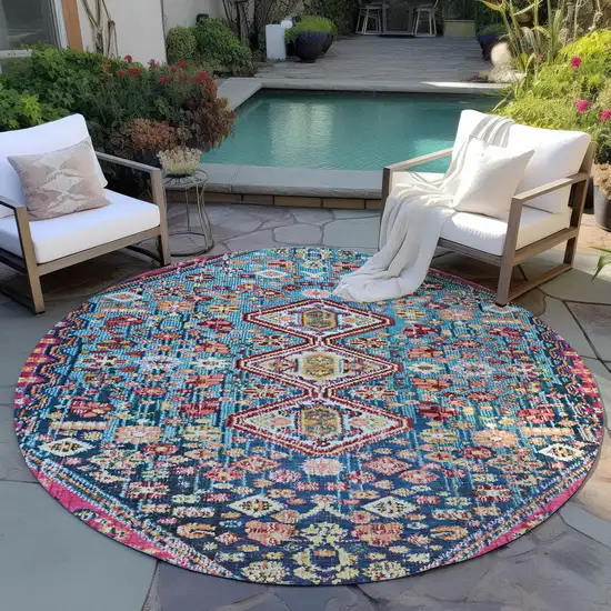 8' Teal Blue And Merlot Round Aztec Washable Indoor Outdoor Area Rug Photo 5