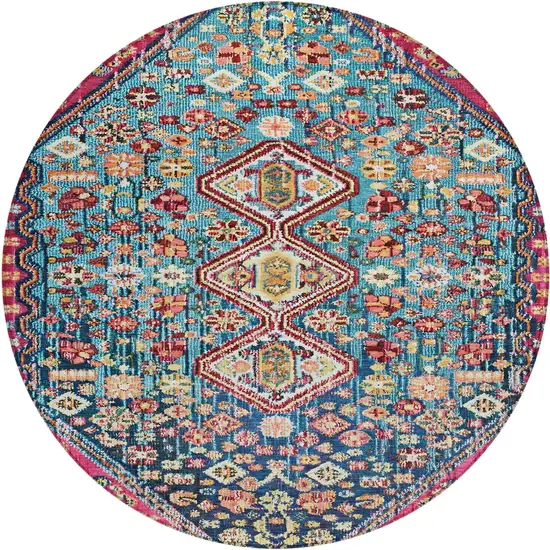 8' Teal Blue And Merlot Round Aztec Washable Indoor Outdoor Area Rug Photo 1
