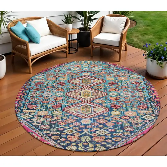 8' Teal Blue And Merlot Round Aztec Washable Indoor Outdoor Area Rug Photo 2