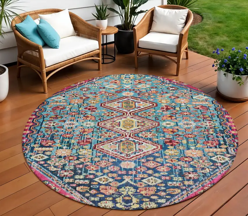 8' Teal Blue And Merlot Round Aztec Washable Indoor Outdoor Area Rug Photo 2