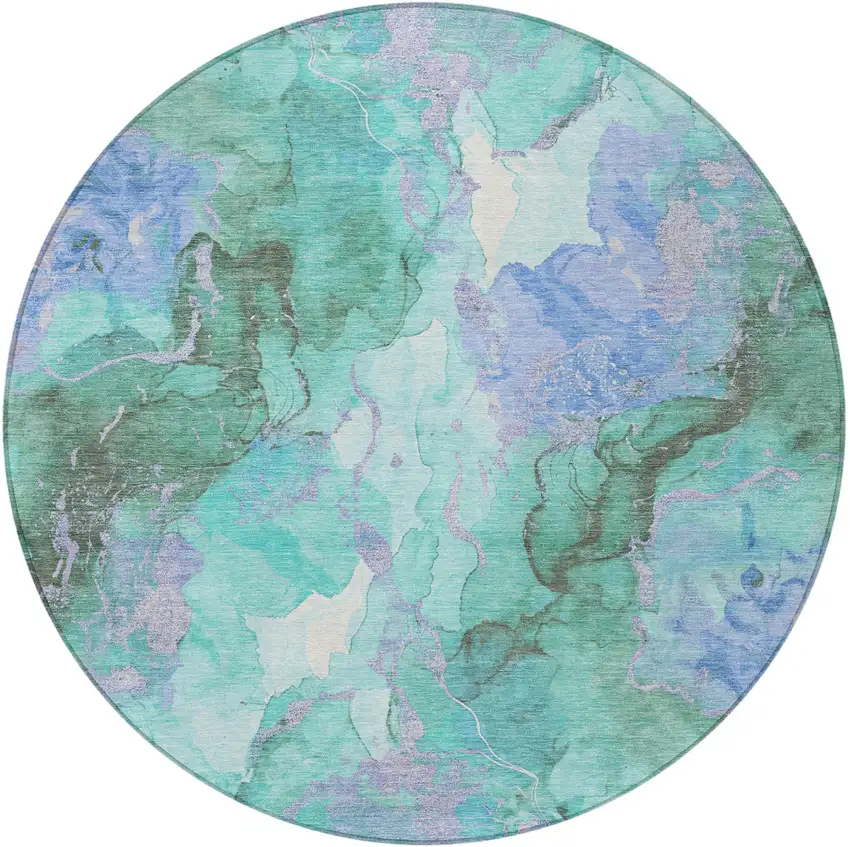 8' Teal Blue And Mint Green Round Abstract Washable Indoor Outdoor Area Rug Photo 4