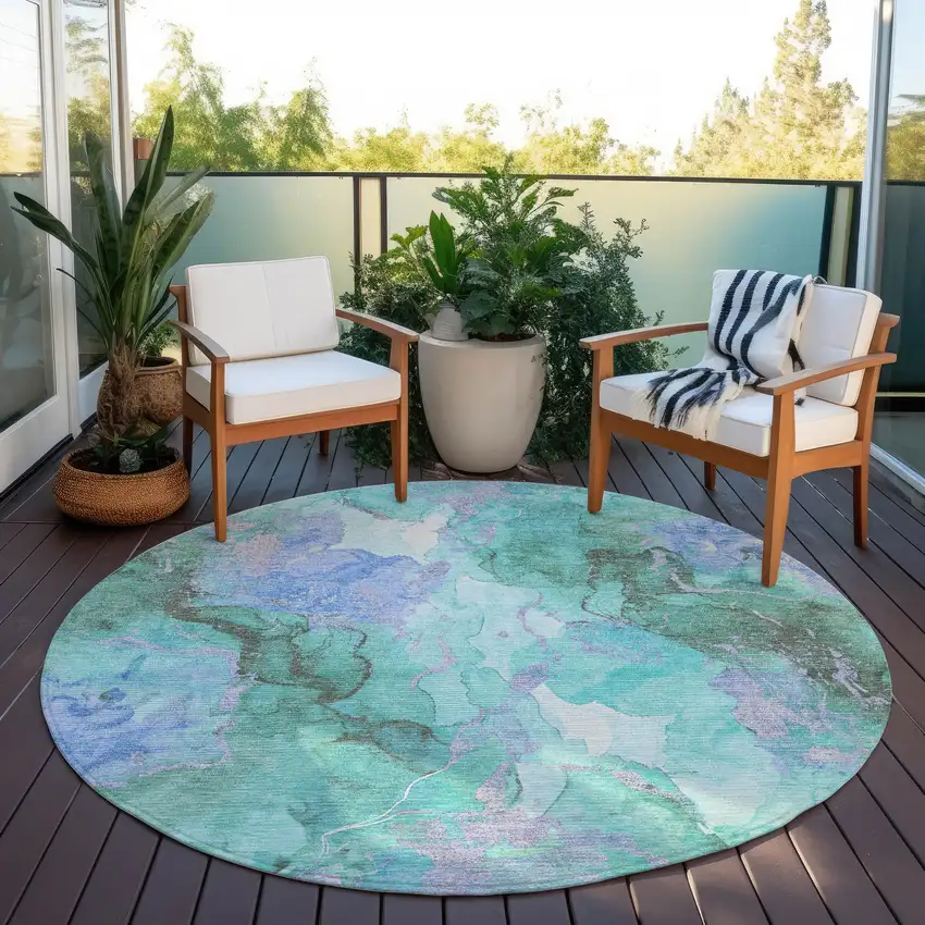 8' Teal Blue And Mint Green Round Abstract Washable Indoor Outdoor Area Rug Photo 5
