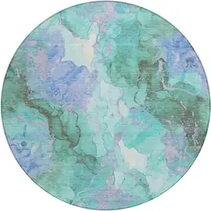 Photo of 8' Teal Blue And Mint Green Round Abstract Washable Indoor Outdoor Area Rug