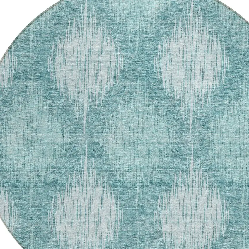 8' Teal Blue And Mint Green Round Ikat Washable Indoor Outdoor Area Rug Photo 4
