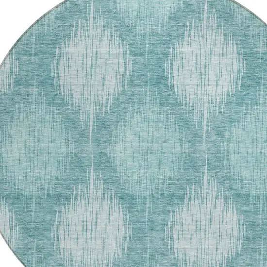 8' Teal Blue And Mint Green Round Ikat Washable Indoor Outdoor Area Rug Photo 4