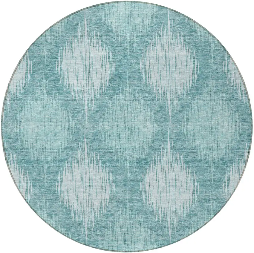 8' Teal Blue And Mint Green Round Ikat Washable Indoor Outdoor Area Rug Photo 5