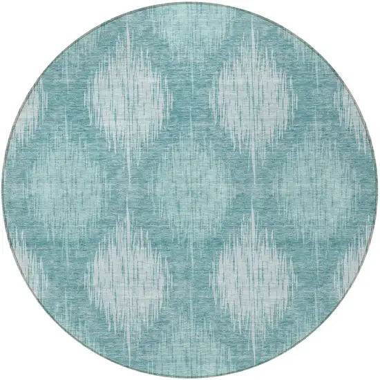8' Teal Blue And Mint Green Round Ikat Washable Indoor Outdoor Area Rug Photo 5