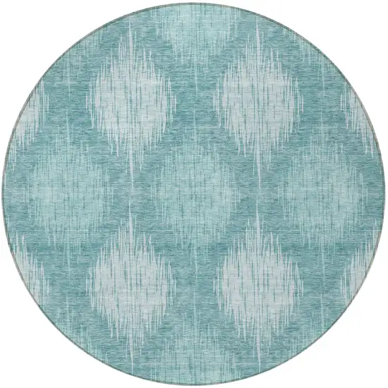 8' Teal Blue And Mint Green Round Ikat Washable Indoor Outdoor Area Rug Photo 5