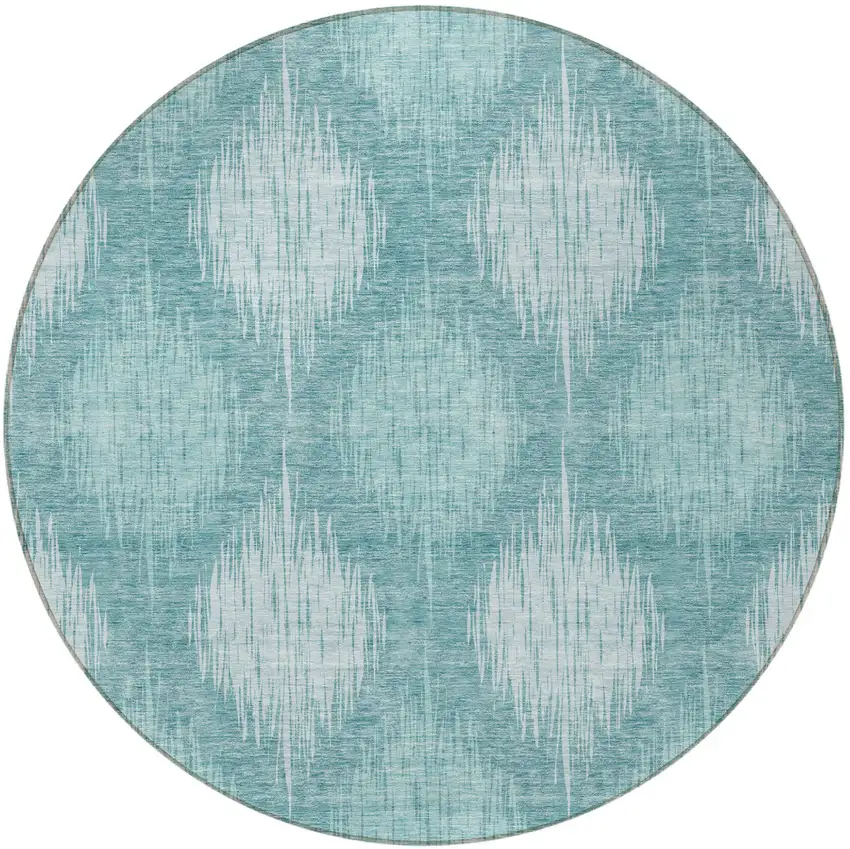 8' Teal Blue And Mint Green Round Ikat Washable Indoor Outdoor Area Rug Photo 5