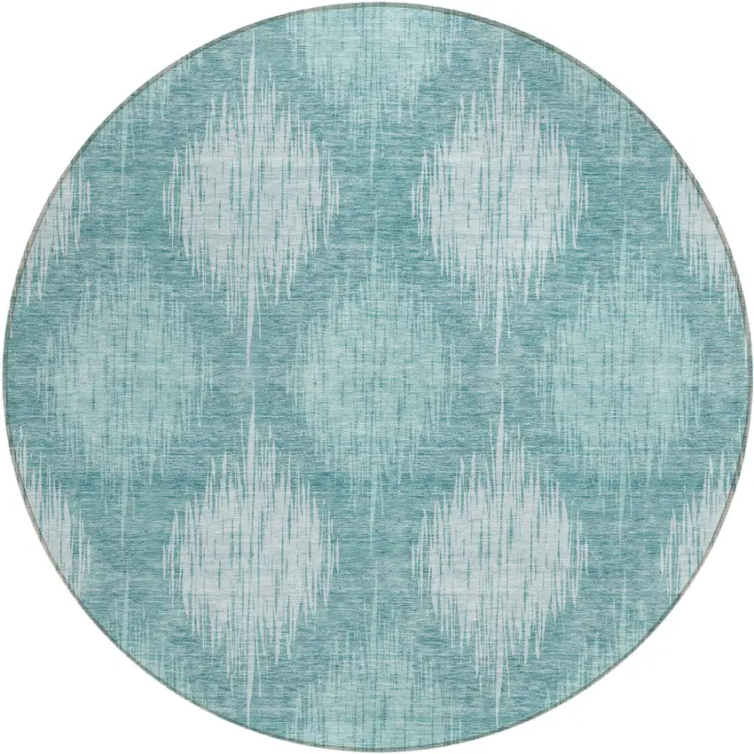 8' Teal Blue And Mint Green Round Ikat Washable Indoor Outdoor Area Rug Photo 2