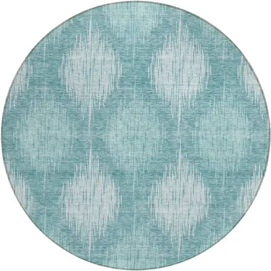 8' Teal Blue And Mint Green Round Ikat Washable Indoor Outdoor Area Rug Photo 2