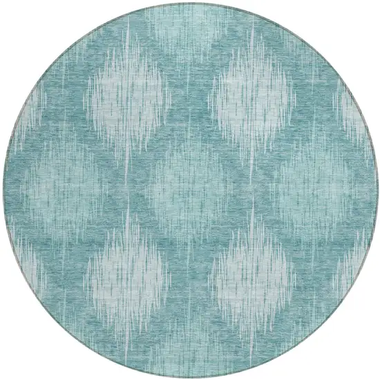 8' Teal Blue And Mint Green Round Ikat Washable Indoor Outdoor Area Rug Photo 2
