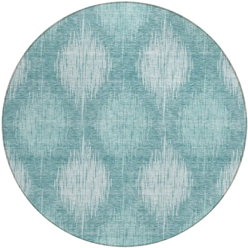 8' Teal Blue And Mint Green Round Ikat Washable Indoor Outdoor Area Rug Photo 2