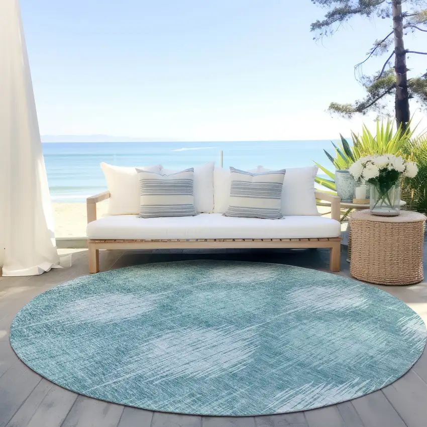8' Teal Blue And Mint Green Round Ikat Washable Indoor Outdoor Area Rug Photo 6
