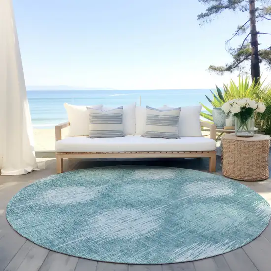 8' Teal Blue And Mint Green Round Ikat Washable Indoor Outdoor Area Rug Photo 6