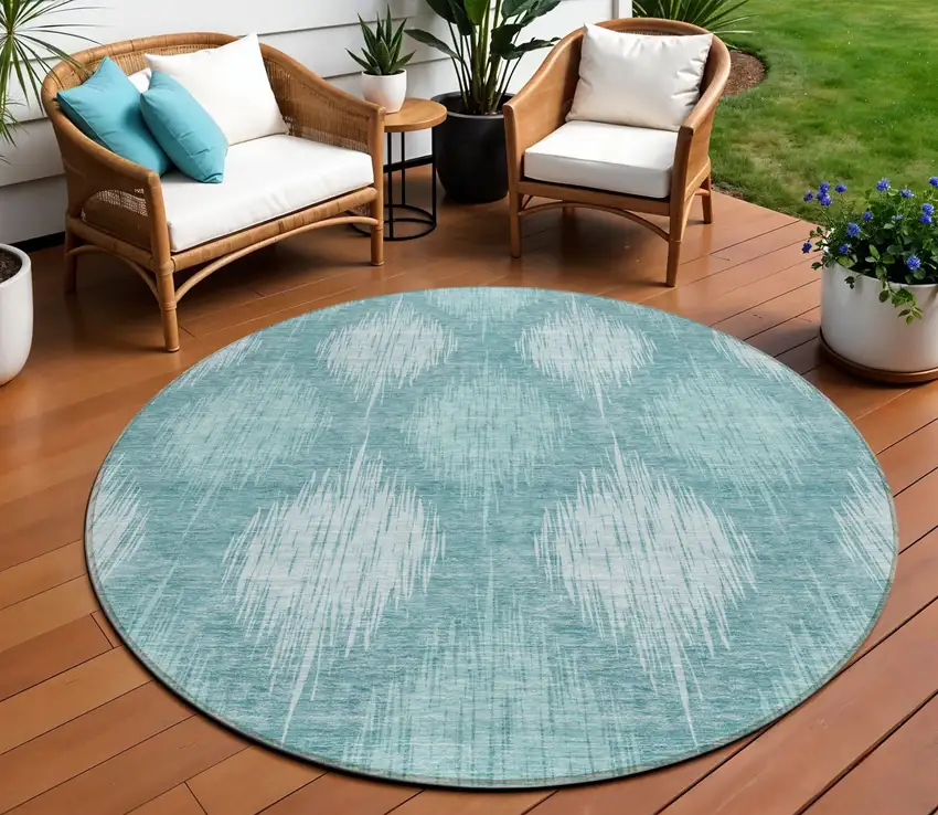 8' Teal Blue And Mint Green Round Ikat Washable Indoor Outdoor Area Rug Photo 1
