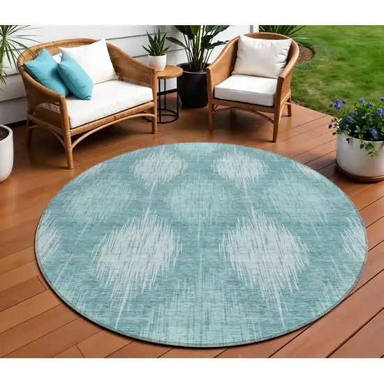 8' Teal Blue And Mint Green Round Ikat Washable Indoor Outdoor Area Rug Photo 1