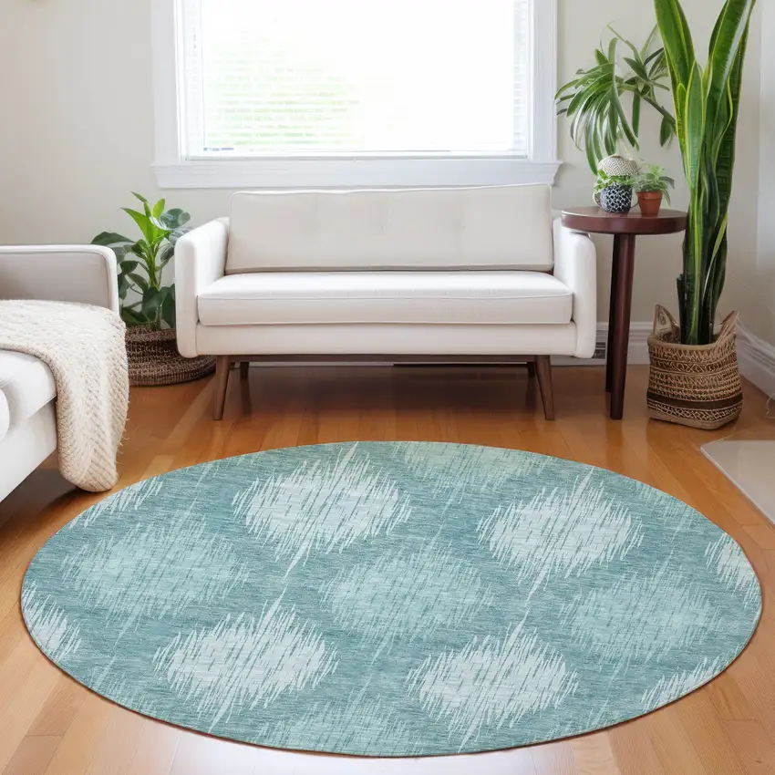 8' Teal Blue And Mint Green Round Ikat Washable Indoor Outdoor Area Rug Photo 7