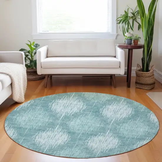 8' Teal Blue And Mint Green Round Ikat Washable Indoor Outdoor Area Rug Photo 7