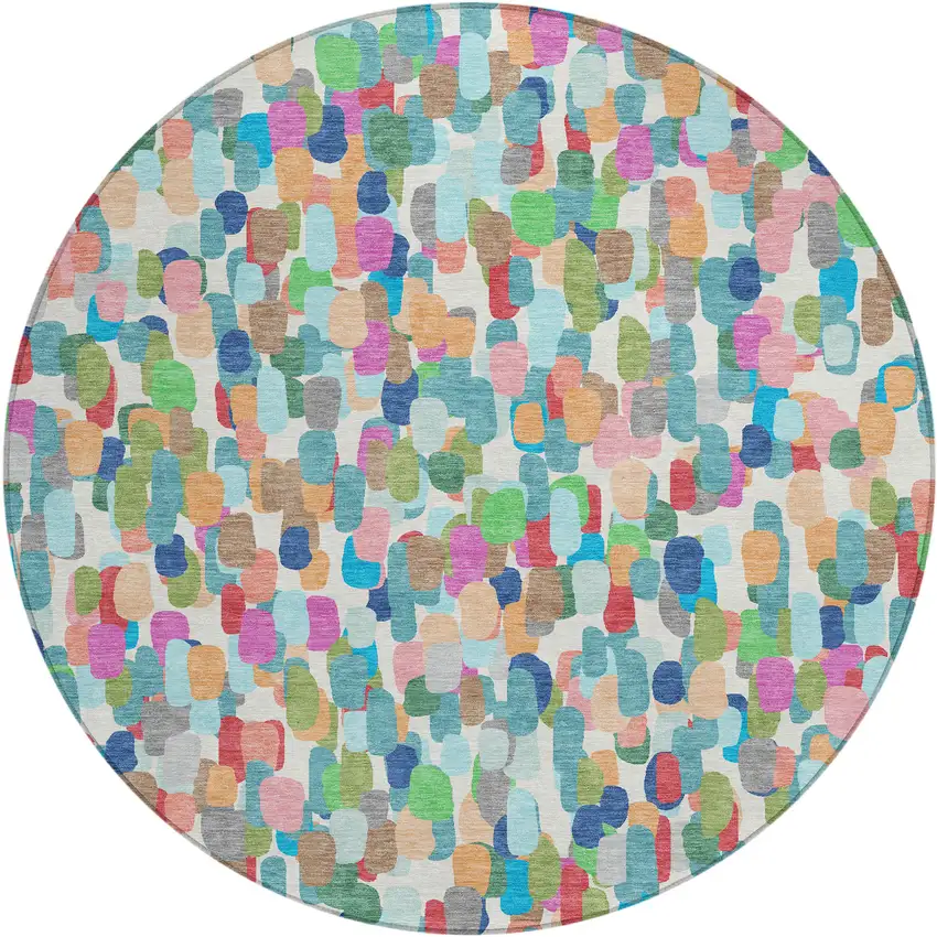 8' Teal Blue And Navy Blue Round Abstract Washable Indoor Outdoor Area Rug Photo 1