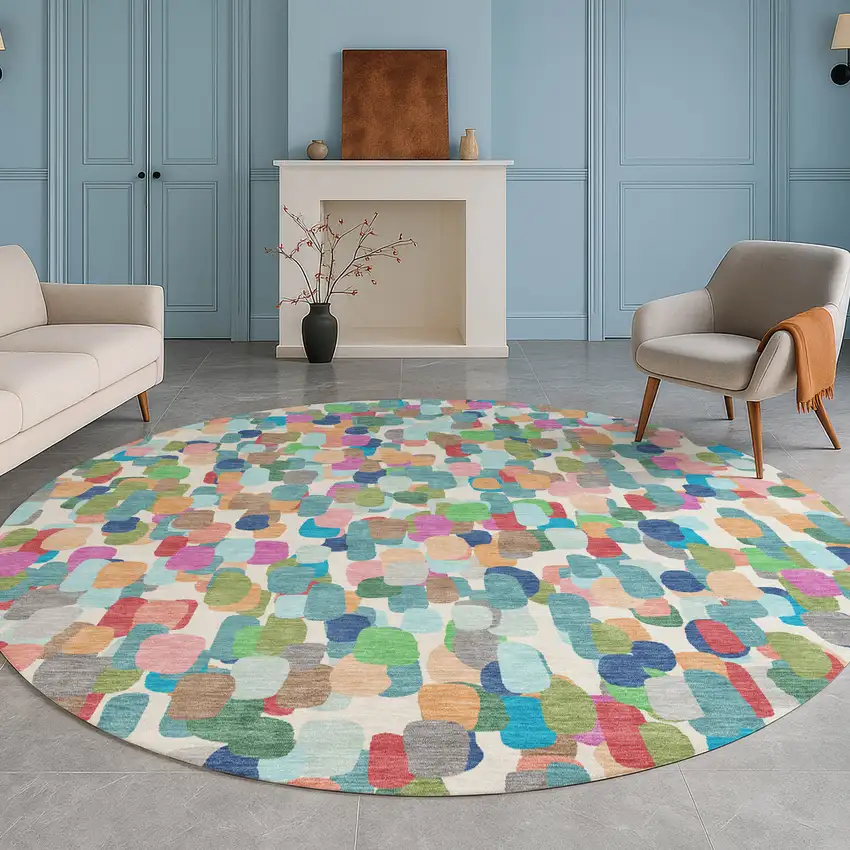 8' Teal Blue And Navy Blue Round Abstract Washable Indoor Outdoor Area Rug Photo 5