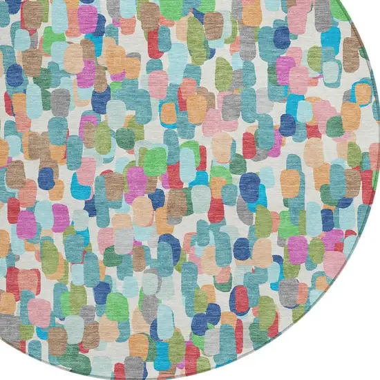 8' Teal Blue And Navy Blue Round Abstract Washable Indoor Outdoor Area Rug Photo 2