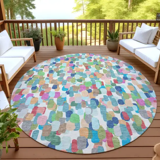 8' Teal Blue And Navy Blue Round Abstract Washable Indoor Outdoor Area Rug Photo 4