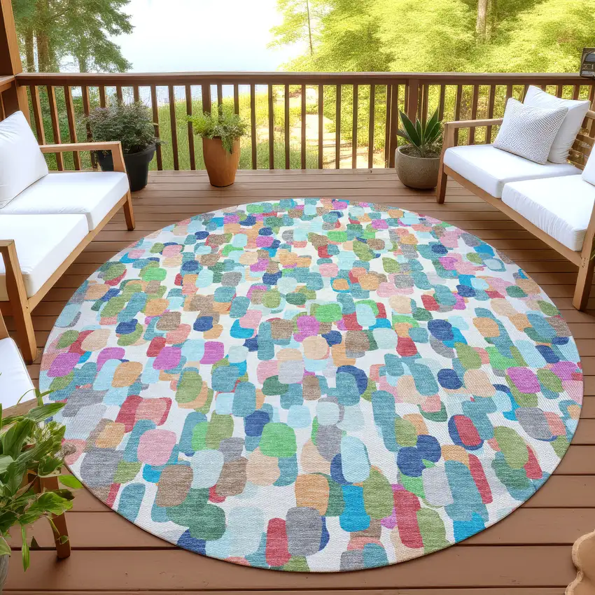 8' Teal Blue And Navy Blue Round Abstract Washable Indoor Outdoor Area Rug Photo 4