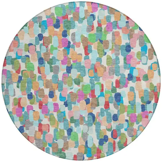 8' Teal Blue And Navy Blue Round Abstract Washable Indoor Outdoor Area Rug Photo 3