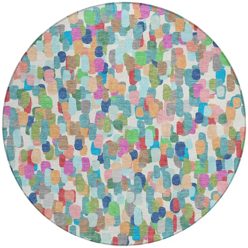 8' Teal Blue And Navy Blue Round Abstract Washable Indoor Outdoor Area Rug Photo 3