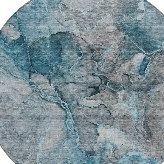 8' Teal Blue And Navy Blue Round Abstract Washable Indoor Outdoor Area Rug Photo 4