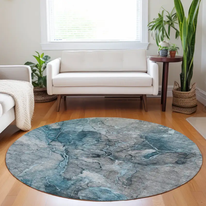 8' Teal Blue And Navy Blue Round Abstract Washable Indoor Outdoor Area Rug Photo 7