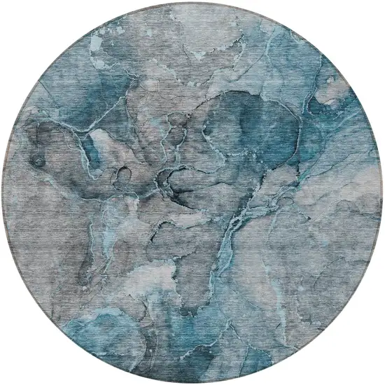 8' Teal Blue And Navy Blue Round Abstract Washable Indoor Outdoor Area Rug Photo 5