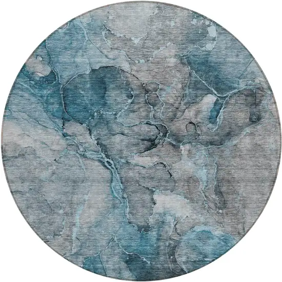 8' Teal Blue And Navy Blue Round Abstract Washable Indoor Outdoor Area Rug Photo 2