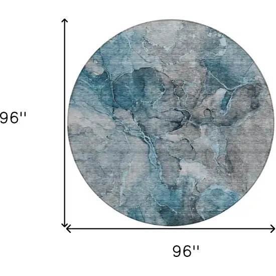 8' Teal Blue And Navy Blue Round Abstract Washable Indoor Outdoor Area Rug Photo 3
