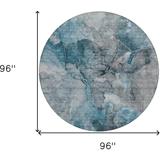8' Teal Blue And Navy Blue Round Abstract Washable Indoor Outdoor Area Rug Photo 3
