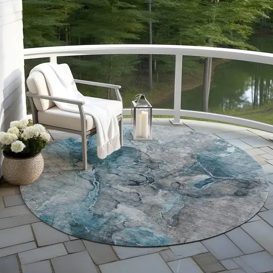 8' Teal Blue And Navy Blue Round Abstract Washable Indoor Outdoor Area Rug Photo 6