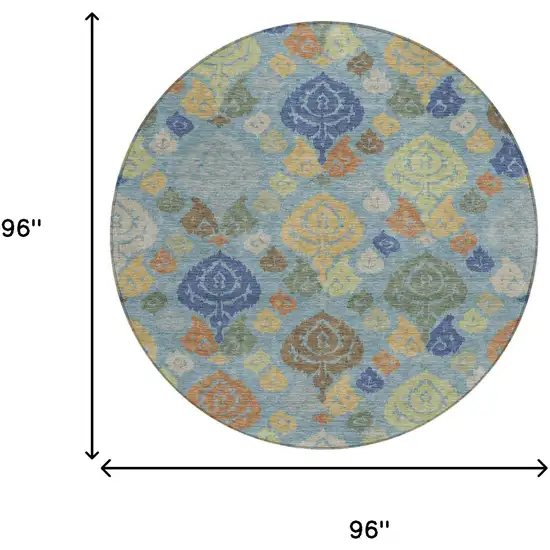 8' Teal Blue And Navy Blue Round Damask Washable Indoor Outdoor Area Rug Photo 8