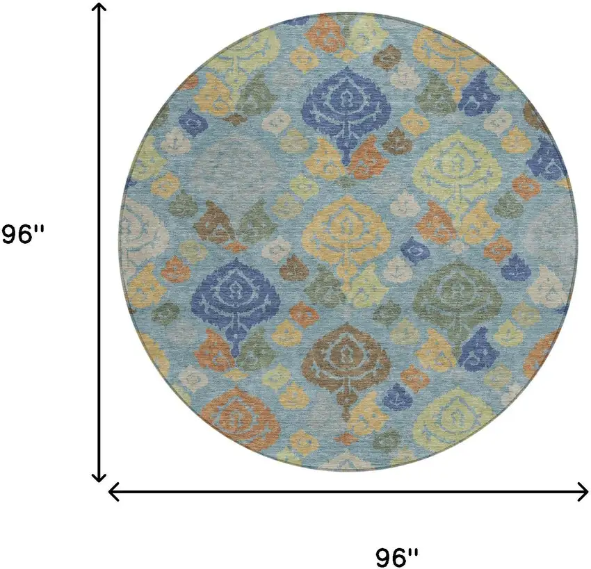 8' Teal Blue And Navy Blue Round Damask Washable Indoor Outdoor Area Rug Photo 8