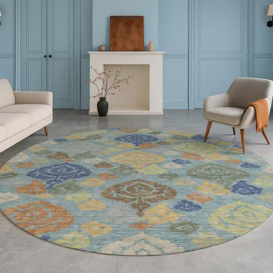 8' Teal Blue And Navy Blue Round Damask Washable Indoor Outdoor Area Rug Photo 5