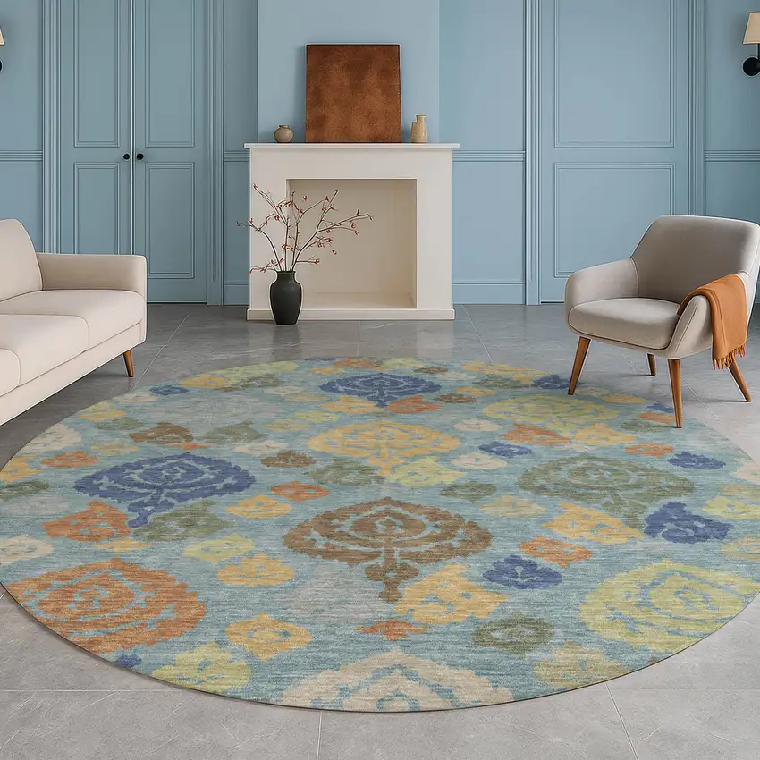 8' Teal Blue And Navy Blue Round Damask Washable Indoor Outdoor Area Rug Photo 5